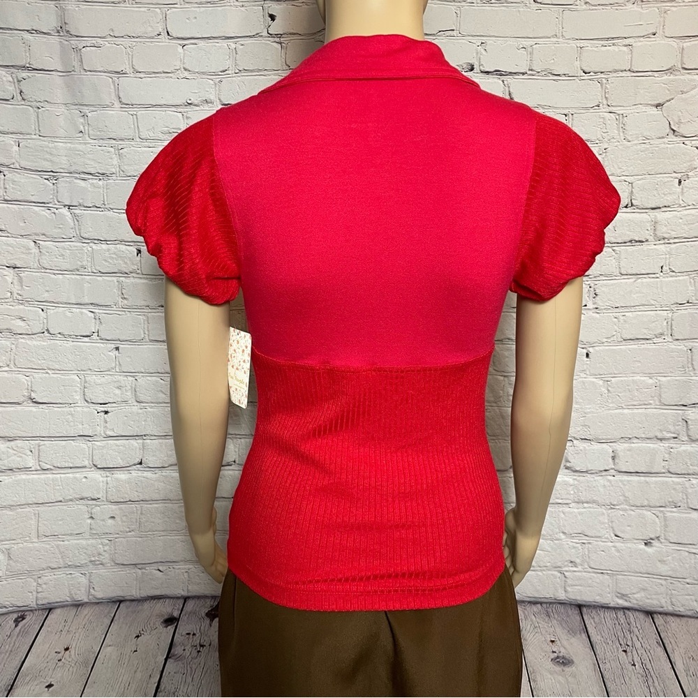 NWT New Free People Molly Red Ribbed Short Sleeve Surplice Top Size XS - Picture 5 of 15